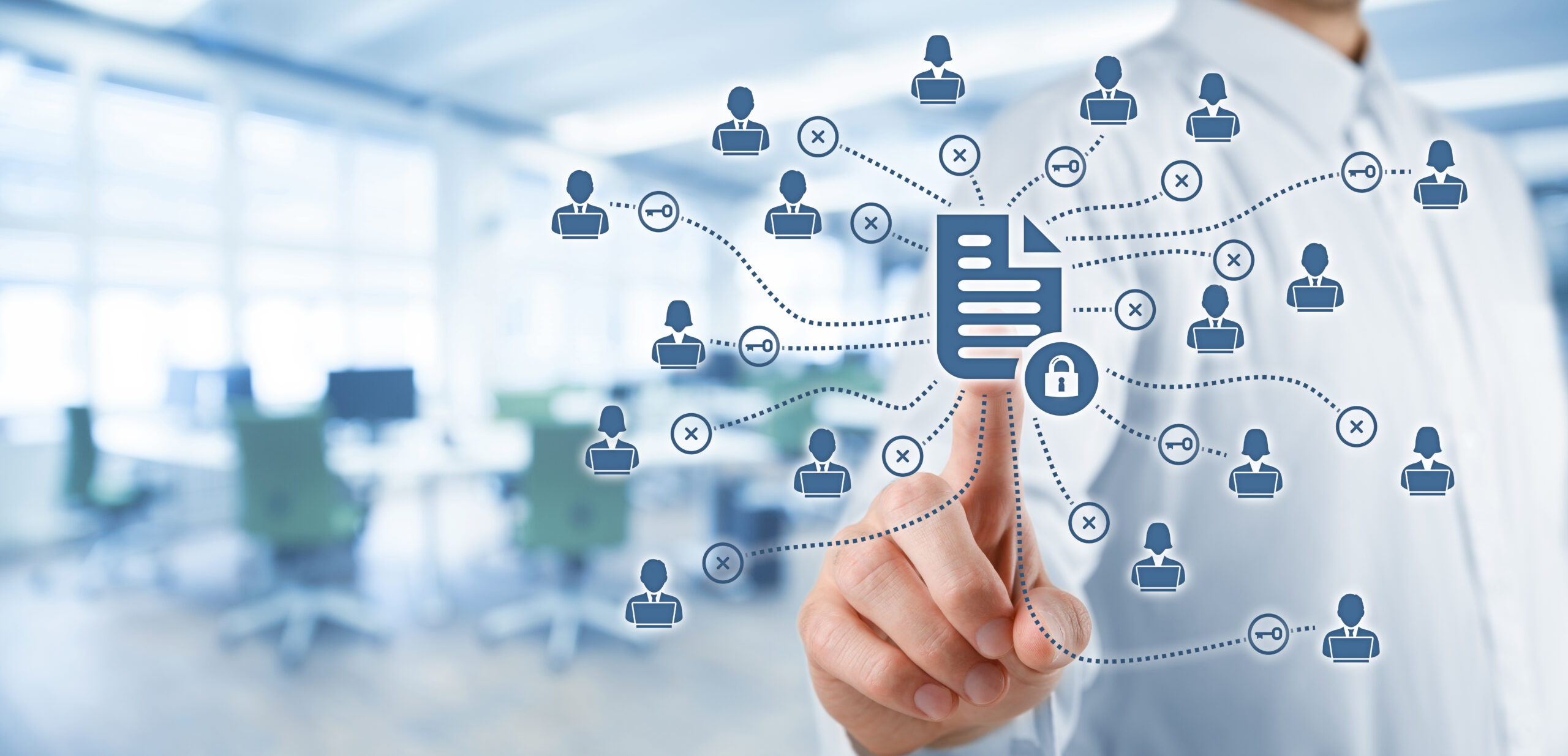 Corporate data management system (DMS) and document management system with privacy theme concept. Businessman click (or publish) on protected document connected with users, access rights symbolized by key, office in background.